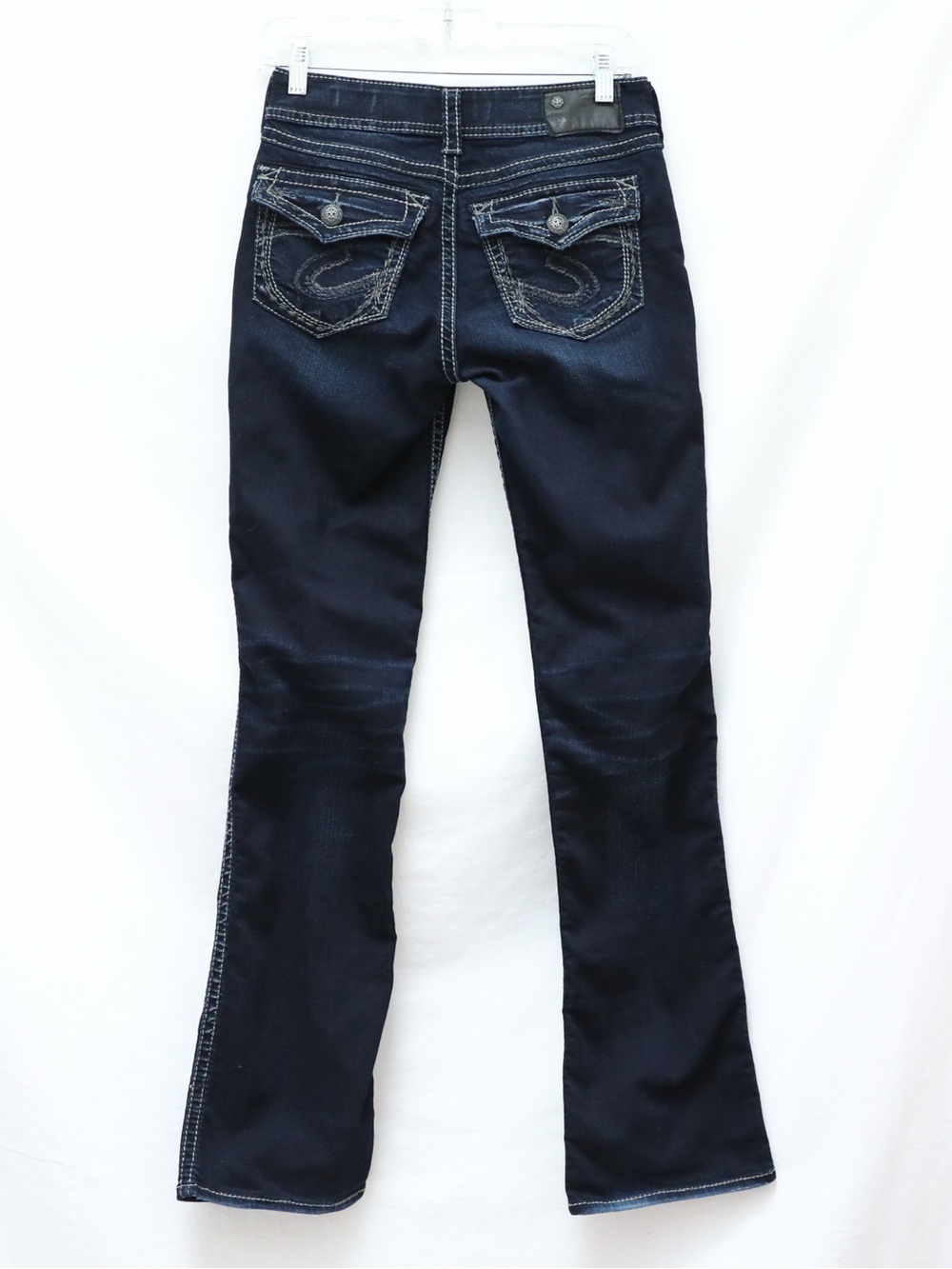 Silver Jeans Suki Mid Slim Boot Super Stretch 27W 33L Y2K dark blue stampede